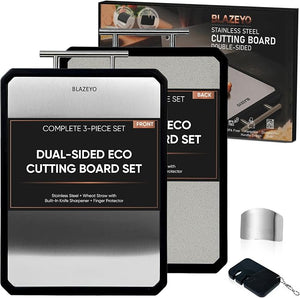 BLAZEYO 16" x 11" Stainless Steel Cutting Board – 2-in-1 Double-Sided Chopping Board with Wheat Straw Surface & Accessories