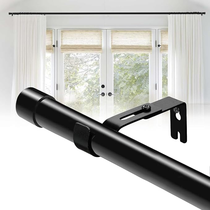 DEROFIT Adjustable Curtain Rod 48–84 Inches – 1-Inch Heavy Duty Black Metal Drapery Rod with Adjustable Wall Brackets for Bedroom, Living Room & Windows
