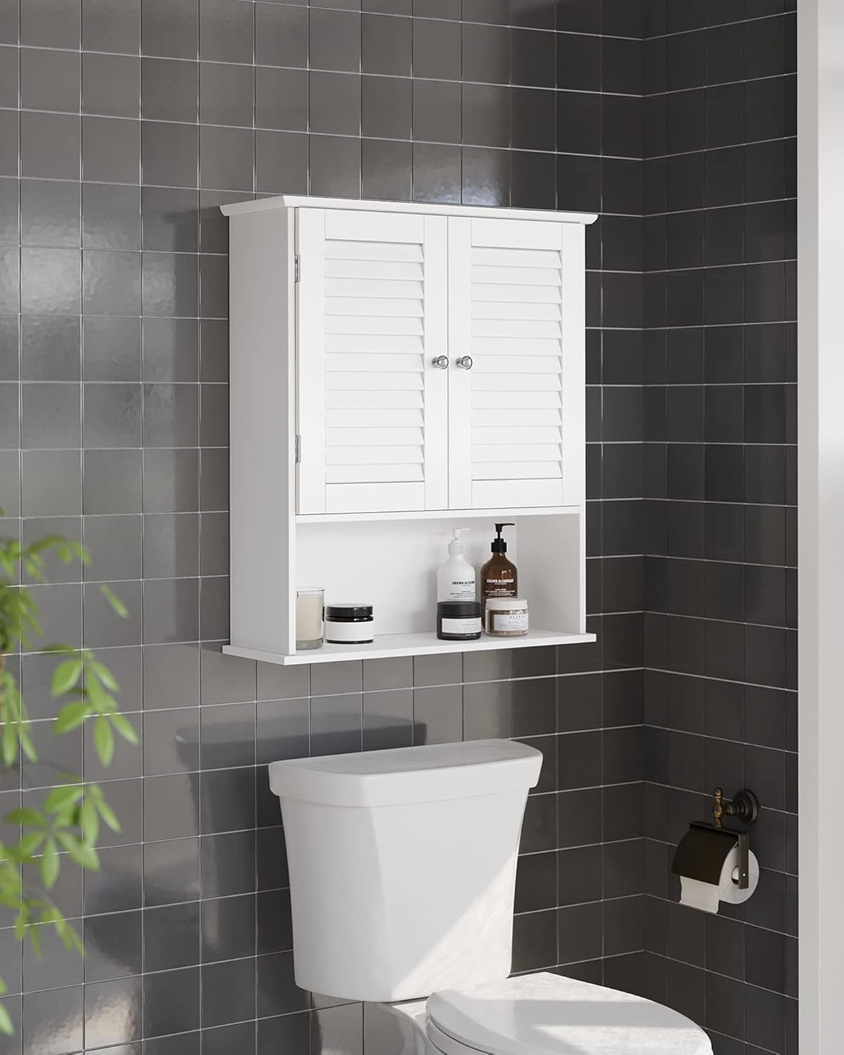 Wall Mounted Bathroom Storage Cabinet with Adjustable Shelf & Open Shelf – White Shutter Door Organizer BBC27WT