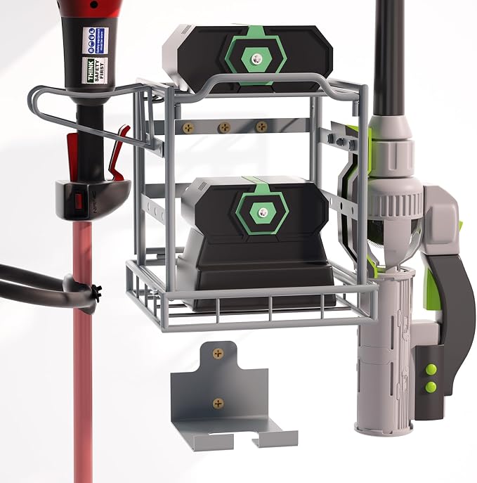 Jolensoy Wall Mount Power Tool Organizer – Heavy Duty Garage Storage Rack for Leaf Blower, Weed Trimmer, Batteries, Chargers & Lawn Equipment