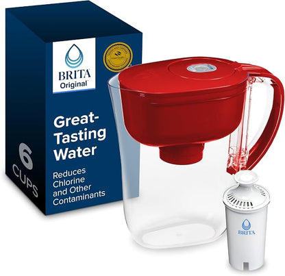 Brita 6-Cup Water Filter Pitcher – BPA-Free Red Drinking Water Pitcher with 1 Standard Filter