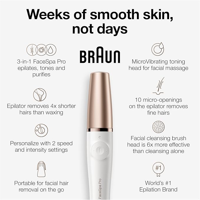 Braun FaceSpa Pro 911 3-in-1 Facial Epilator – Rechargeable Face Hair Remover, Cleansing Brush & MicroVibration Skin Care System