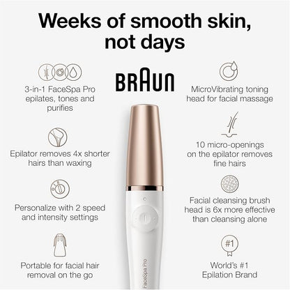 Braun FaceSpa Pro 911 3-in-1 Facial Epilator – Rechargeable Face Hair Remover, Cleansing Brush & MicroVibration Skin Care System