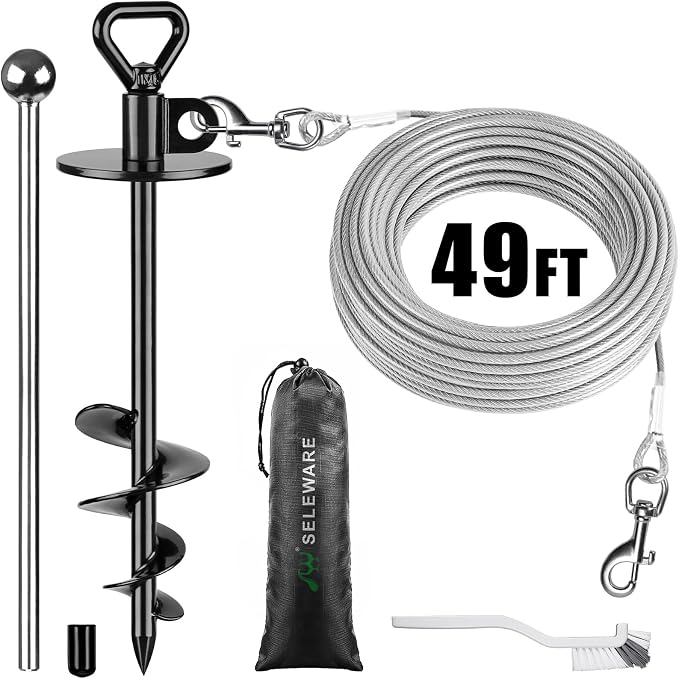 SELEWARE 49 FT Heavy-Duty Dog Tie-Out Cable & Spiral Stake – Stainless Steel Cable for Large Dogs Up to 220 lbs