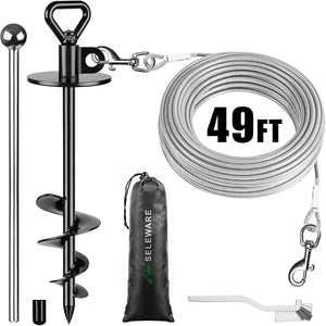 SELEWARE 49 FT Heavy-Duty Dog Tie-Out Cable & Spiral Stake – Stainless Steel Cable for Large Dogs Up to 220 lbs