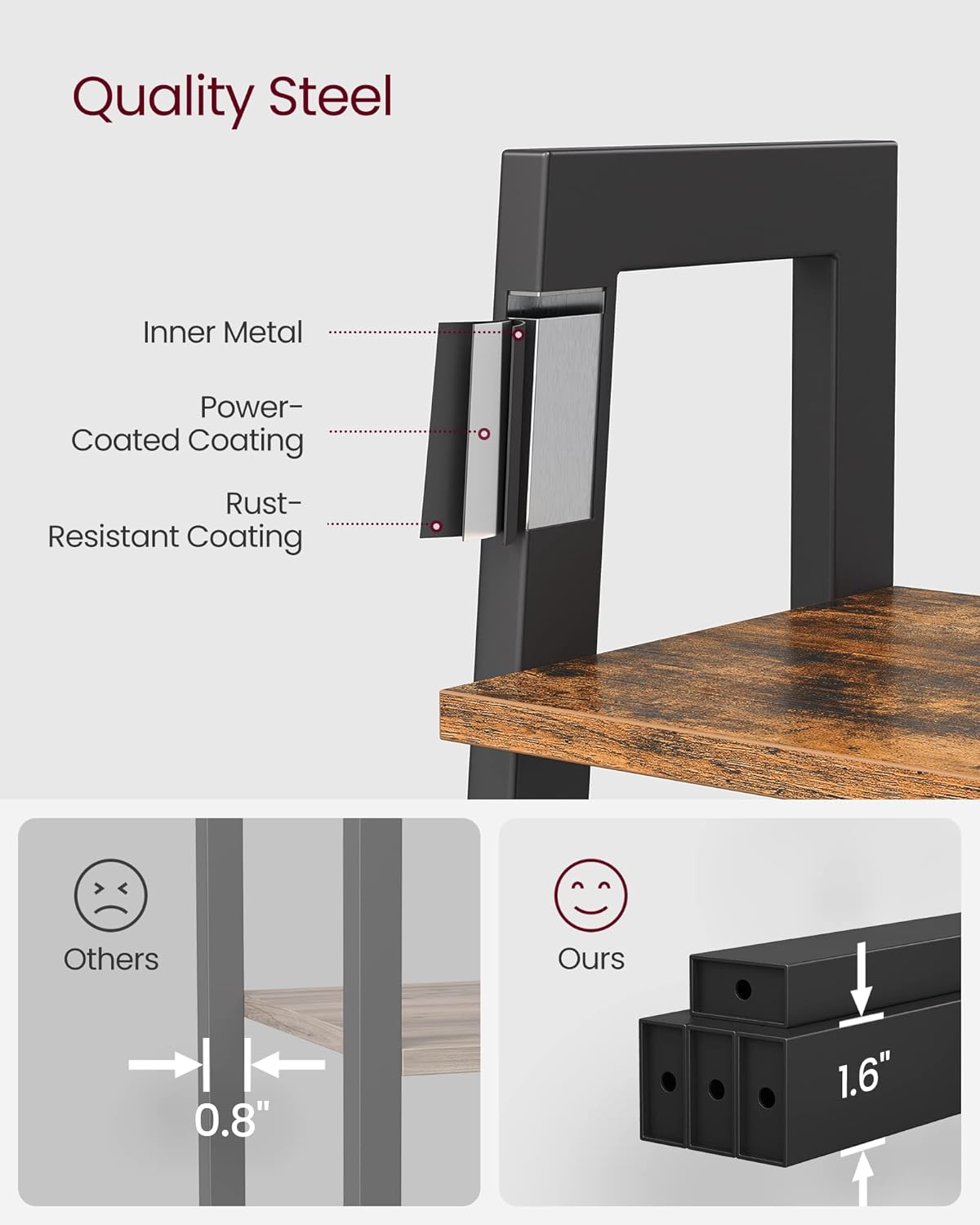 5 Tier Ladder Shelf Bookcase, Industrial Bookshelf, Open Storage Rack with Steel Frame for Living Room, Home Office, Kitchen and Bedroom Rustic Brown and Matte Black LLS45X