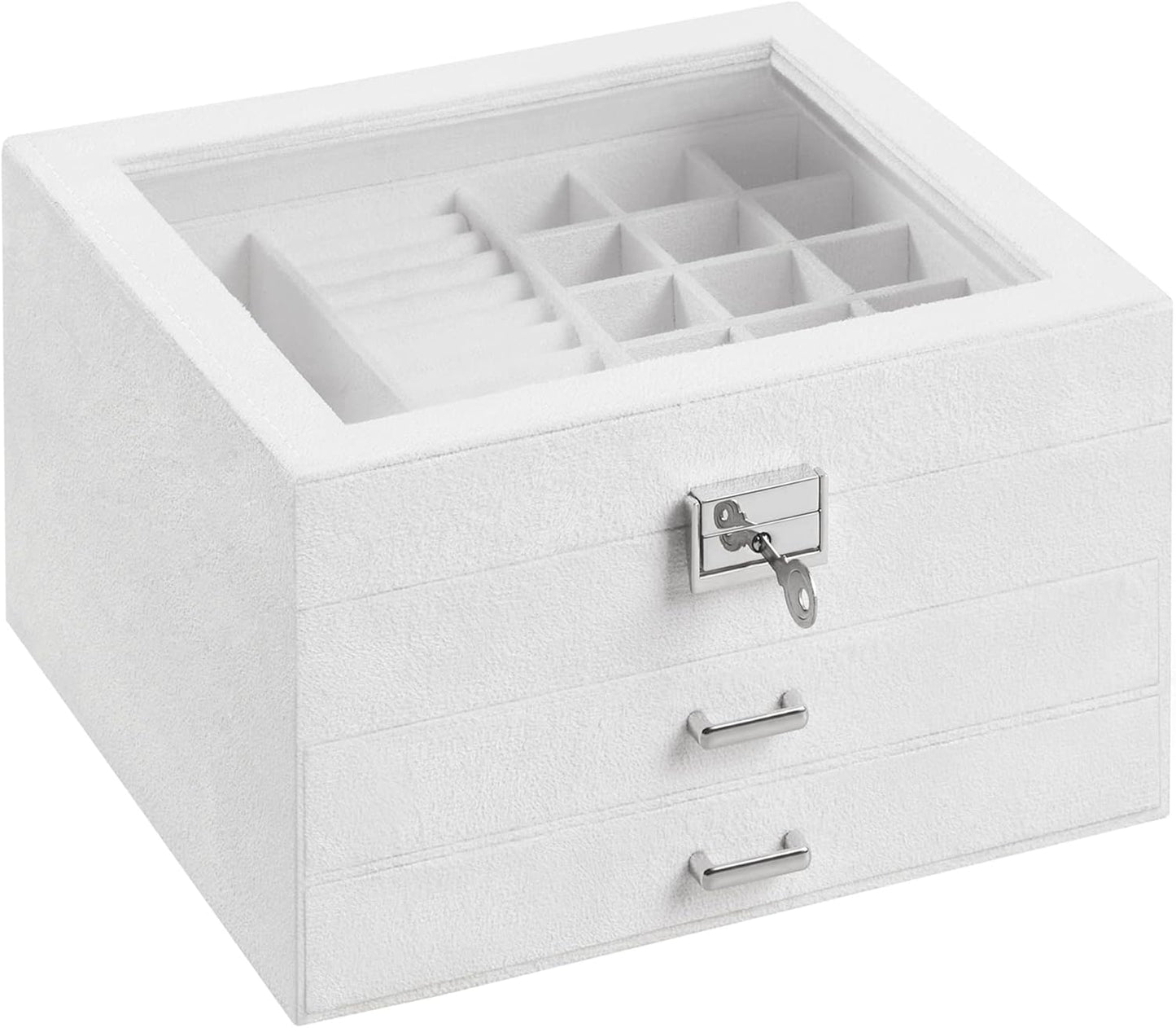 3 Tier Velvet Jewellery Box with Glass Lid, Lockable Jewellery Organizer Case for Rings, Necklaces, Bracelets, Watches and Accessories JBC158
