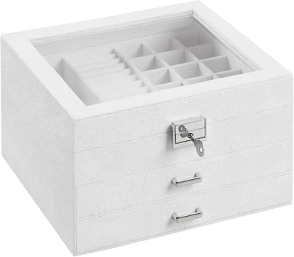 3 Tier Velvet Jewellery Box with Glass Lid, Lockable Jewellery Organizer Case for Rings, Necklaces, Bracelets, Watches and Accessories JBC158