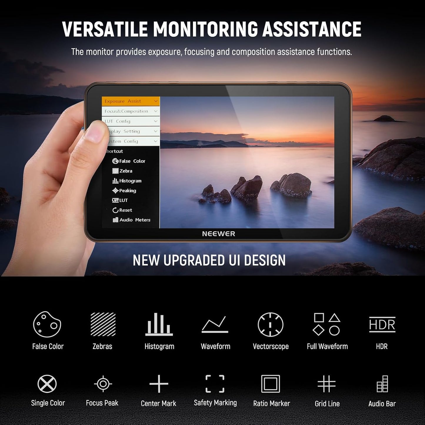 NEEWER F700 7-Inch 2000-Nit Camera Field Monitor – 1080P IPS Touchscreen, 4K HDMI In/Out, 3D LUT, HDR, Waveform & 2 NP-F750 Batteries