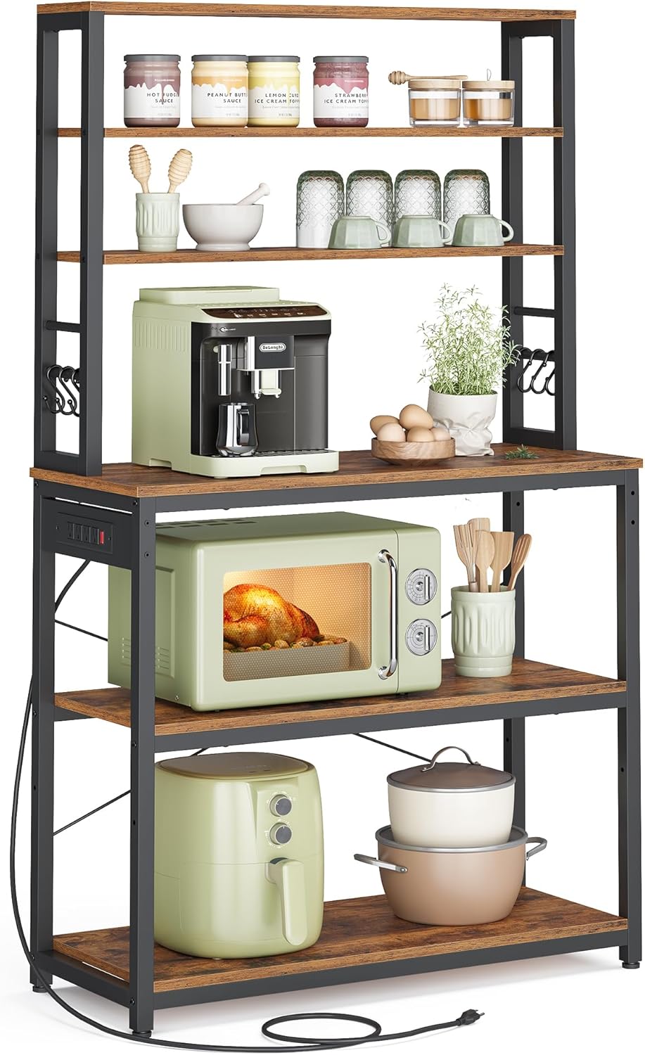 Kitchen Baker's Rack with Power Outlet, Coffee Bar Station, Microwave Stand and 6 Tier Storage Shelves with Hooks 31.5" Rustic Brown and Ink Black KKS119K01