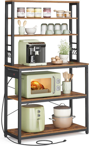 Kitchen Baker's Rack with Power Outlet, Coffee Bar Station, Microwave Stand and 6 Tier Storage Shelves with Hooks 31.5" Rustic Brown and Ink Black KKS119K01