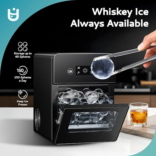 EUHOMY Countertop Sphere Ice Maker – 144 Clear Ice Balls per Day, 4 Ready in 40 Minutes, Self-Cleaning Whiskey Ice Machine