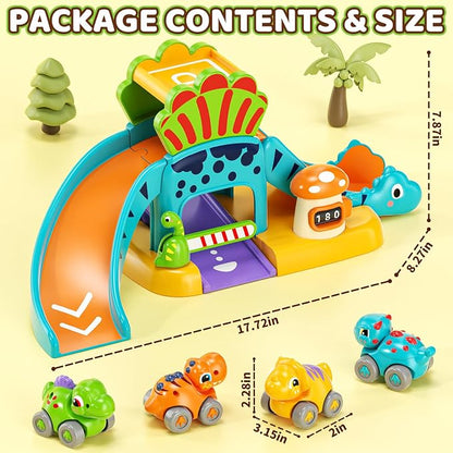 Lehoo Castle Dinosaur Car Ramp Racer Toy – 4 Mini Push Cars, Parking Garage & Slide Track for Toddlers Ages 1–2