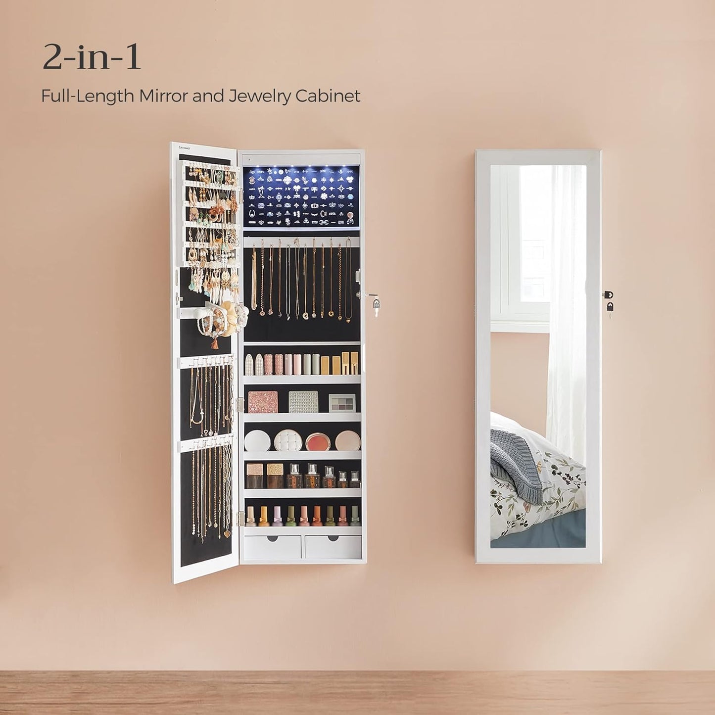 Lockable Jewelry Armoire Cabinet with Full Length Mirror, LED Lights, Wall or Door Mounted Jewelry Organizer with Drawers 47.2" White JJC93W