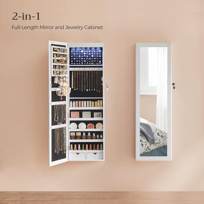 Lockable Jewelry Armoire Cabinet with Full Length Mirror, LED Lights, Wall or Door Mounted Jewelry Organizer with Drawers 47.2" White JJC93W