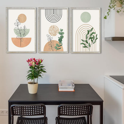 3-Piece Framed Boho Wall Art Set – 24" x 16" Wood Frame Abstract Botanical Geometric Prints, White & Neutral
