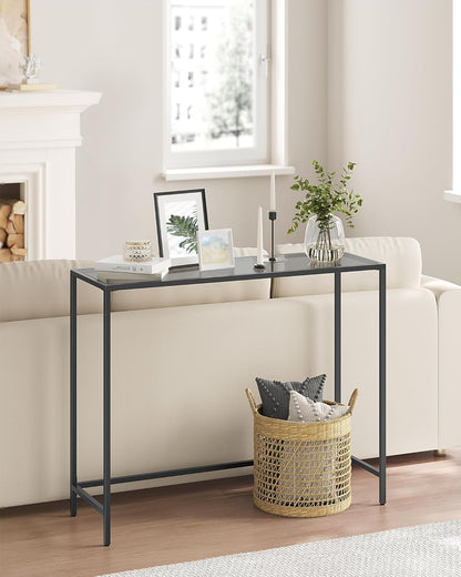 Narrow Console Table with Tempered Glass Top, Modern Sofa Table, Entryway Table for Hallway, Living Room and Foyer Ink Black and Slate Grey LGT132B01