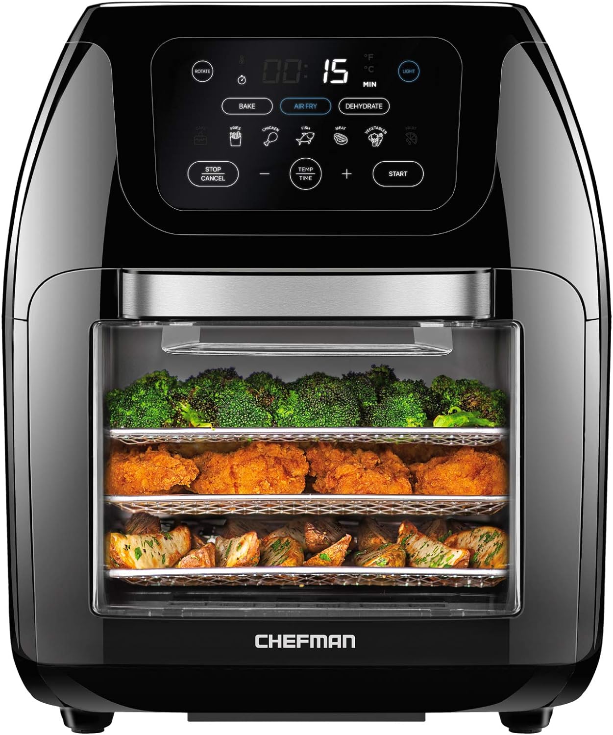Chefman Multifunctional Digital Air Fryer+ Rotisserie, Dehydrator, Convection Oven, 17 Touch Screen Presets Fry, Roast, Dehydrate & Bake, Auto Shutoff, Accessories Included, XL 10L Family Size, Black