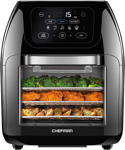 Chefman Multifunctional Digital Air Fryer+ Rotisserie, Dehydrator, Convection Oven, 17 Touch Screen Presets Fry, Roast, Dehydrate & Bake, Auto Shutoff, Accessories Included, XL 10L Family Size, Black