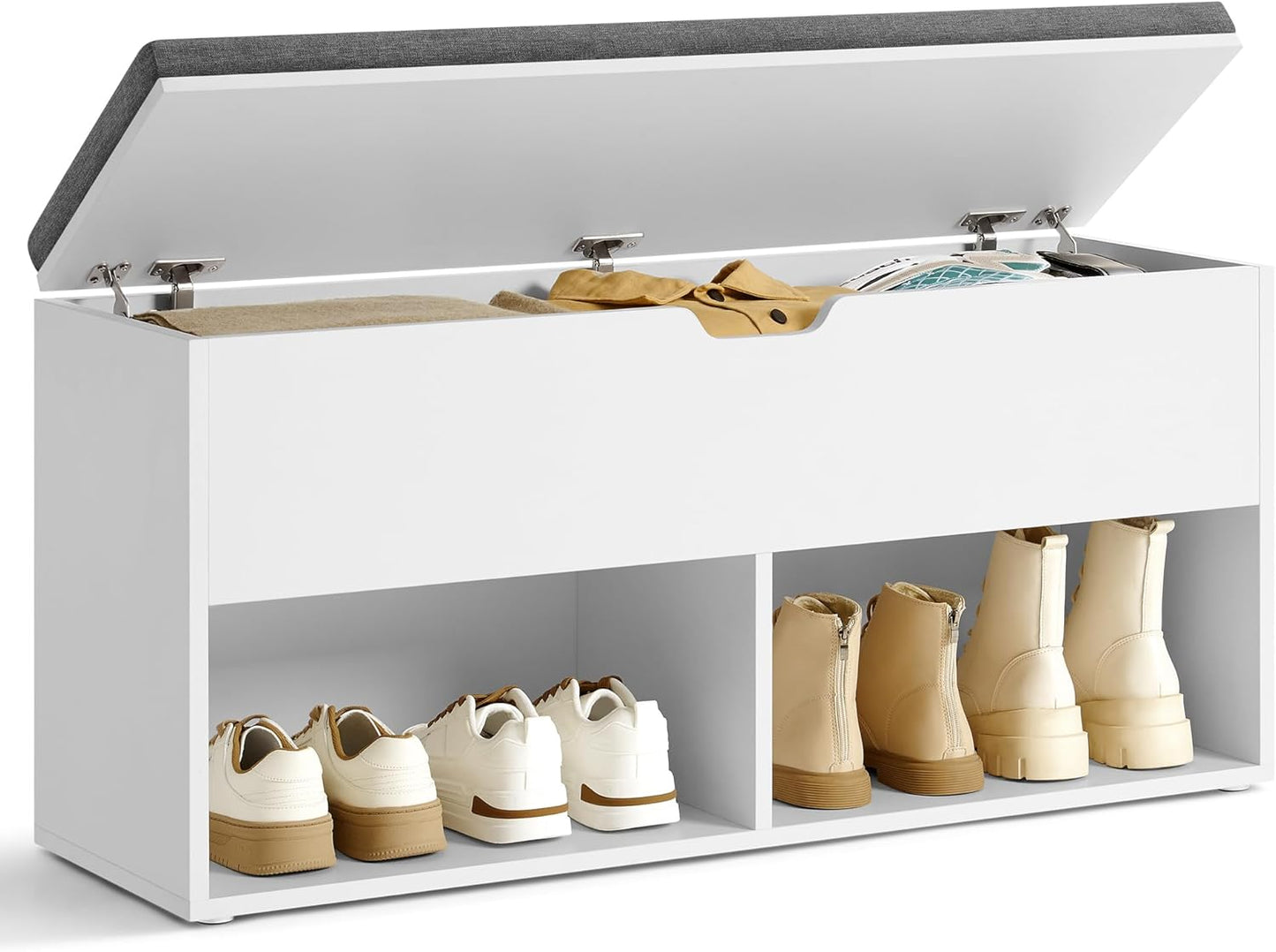 Shoe Storage Bench with Cushion Seat, Entryway Shoe Rack Organizer with Hidden Storage Compartment and Open Shelves White and Gray LHS021W01