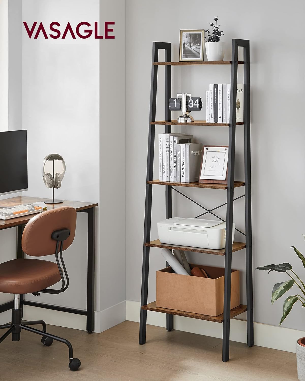 5 Tier Ladder Shelf Bookcase, Industrial Bookshelf, Open Storage Rack with Steel Frame for Living Room, Home Office, Kitchen and Bedroom Rustic Brown and Matte Black LLS45X