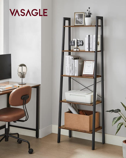 5 Tier Ladder Shelf Bookcase, Industrial Bookshelf, Open Storage Rack with Steel Frame for Living Room, Home Office, Kitchen and Bedroom Rustic Brown and Matte Black LLS45X