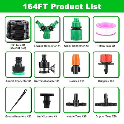 Ambitelligence 164FT Drip Irrigation System – 50M Automatic Garden Watering & Misting Kit with 1/4" Tubing, Adjustable Drippers & Nozzles