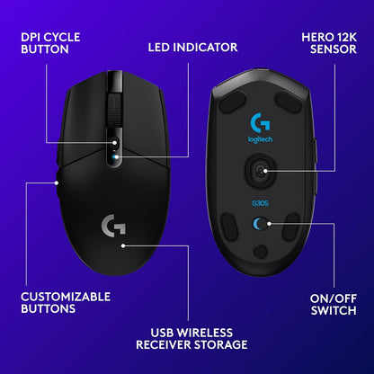 Logitech G305 LIGHTSPEED Wireless Gaming Mouse – HERO 12K DPI Sensor, 6 Programmable Buttons, 250-Hour Battery