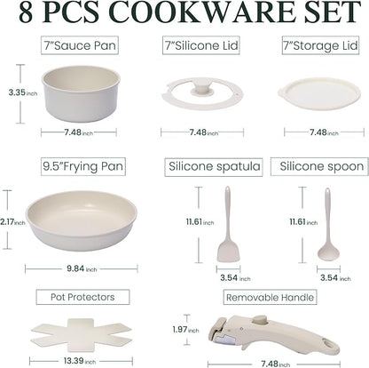 LEADKooKers 8-Piece Non-Stick Cookware Set with Detachable Handle – White, Induction Compatible Pots & Pans Set