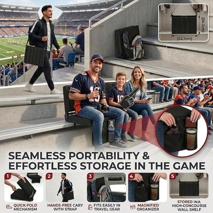Zuqoia Portable Stadium Seat with Back Support – Wide Padded Folding Bleacher Chair with Shoulder Strap, Black