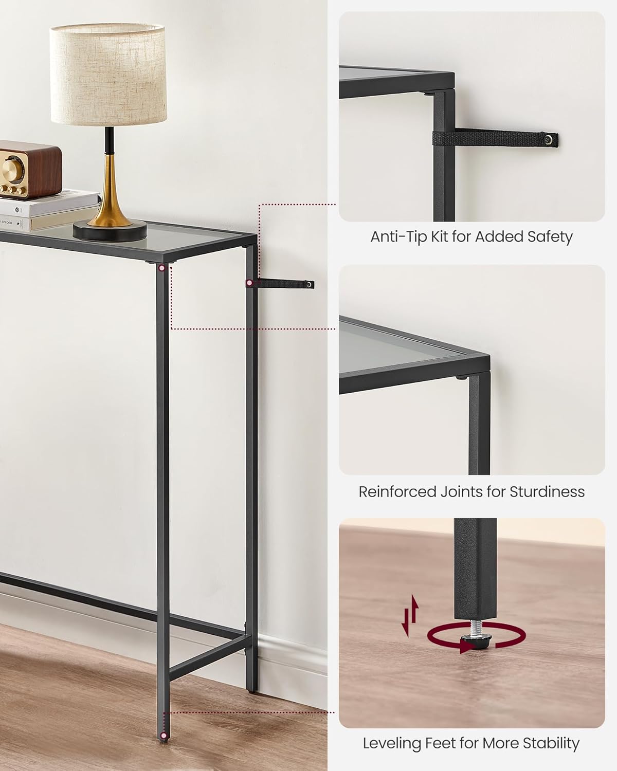Narrow Console Table with Tempered Glass Top, Modern Sofa Table, Entryway Table for Hallway, Living Room and Foyer Ink Black and Slate Grey LGT132B01