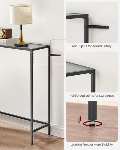 Narrow Console Table with Tempered Glass Top, Modern Sofa Table, Entryway Table for Hallway, Living Room and Foyer Ink Black and Slate Grey LGT132B01