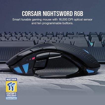 Corsair Nightsword RGB Wired Gaming Mouse – 18,000 DPI Optical Sensor, 10 Programmable Buttons, Tunable Weight & RGB Lighting