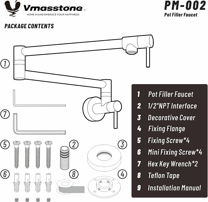 VMASSTONE PM002 Wall-Mount Pot Filler Faucet – Chrome Polished Brass Folding Kitchen Faucet with Dual Swing Arms, 360° Rotation & 2 Handles