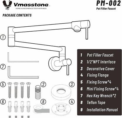VMASSTONE PM002 Wall-Mount Pot Filler Faucet – Chrome Polished Brass Folding Kitchen Faucet with Dual Swing Arms, 360° Rotation & 2 Handles