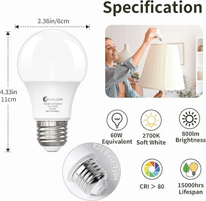 Evelor A19 LED Light Bulbs 24 Pack 9W 60W Equivalent - Soft White 2700K