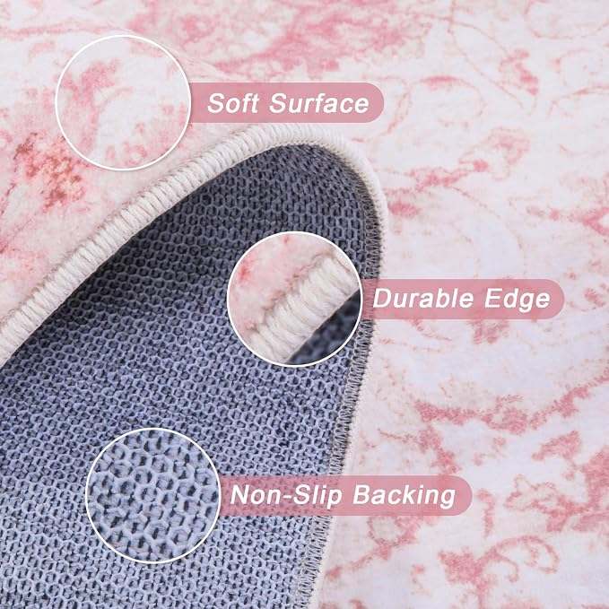 Meiliweser 6' x 9' Washable Area Rug – Pink Floral Vintage Low-Pile Rug with Non-Slip Backing