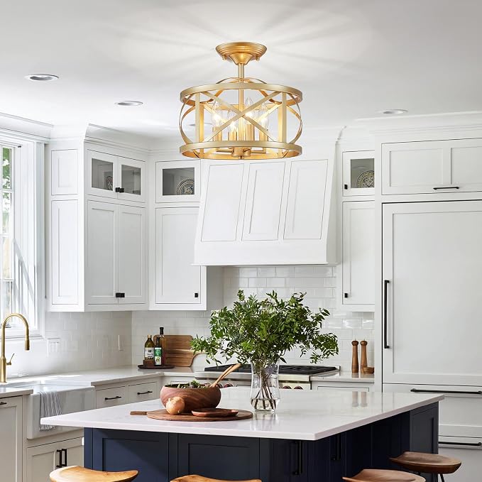 LOOYD Gold Semi Flush Mount Ceiling Light – Vintage Metal Ceiling Fixture for Kitchen, Bedroom & Hallway