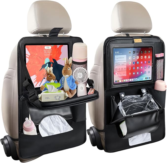 Drsvabze Leather Car Backseat Organizer  – Foldable Tray, Tablet Holder, Insulated Storage & Seat Protector, Black