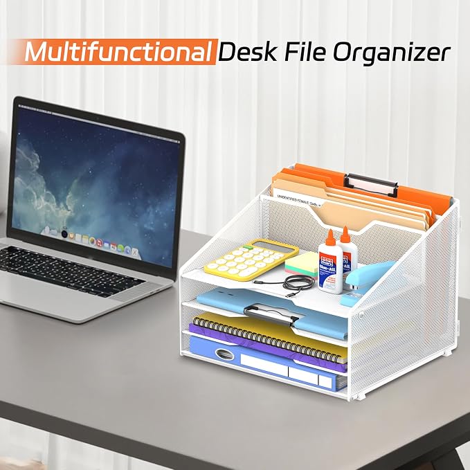 4-Tier Desk Organizer with File Holder – Metal Mesh Desktop Letter Tray with 3 Paper Trays & 2 Vertical File Sections