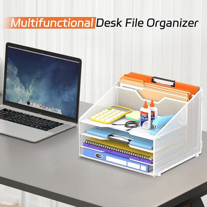 4-Tier Desk Organizer with File Holder – Metal Mesh Desktop Letter Tray with 3 Paper Trays & 2 Vertical File Sections