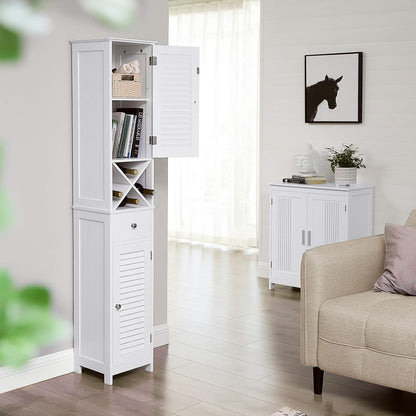 Tall Bathroom Storage Cabinet with Louvered Doors, Drawer & X-Shaped Towel Rack – 66.9" White Linen Tower BBC69WT