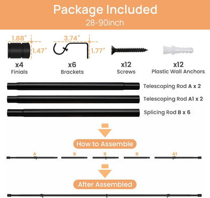upsimples 2-Pack Matte Black Curtain Rods – Adjustable 28–90 Inch Heavy-Duty 1-Inch Drapery Rod Set