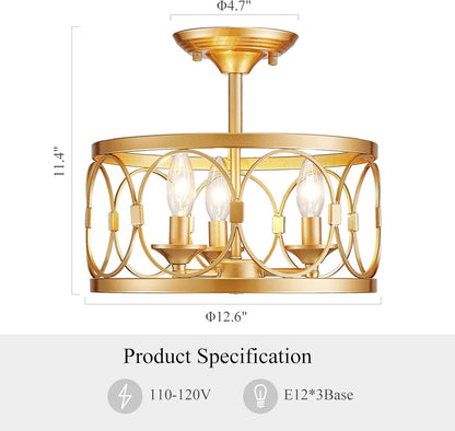 LOOYD Gold Semi Flush Mount Ceiling Light – Vintage Metal Ceiling Fixture for Kitchen, Bedroom & Hallway