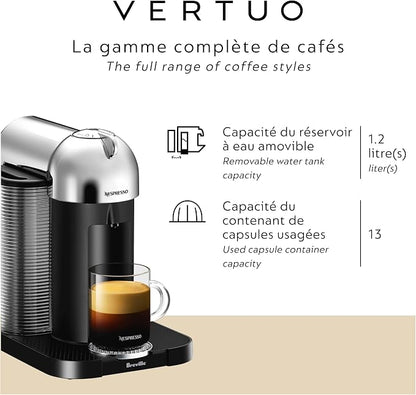 Nespresso Vertuo Coffee & Espresso Machine by Breville with Aeroccino Milk Frother – 4 Brew Sizes, Centrifusion Technology, Chrome