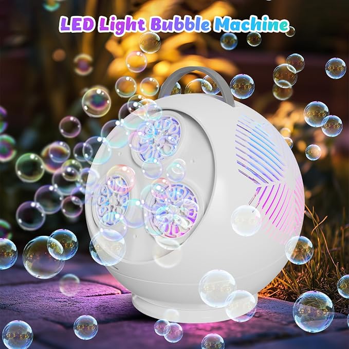 IFLOVE 360° Rotating Bubble Machine for Kids – Automatic LED Bubble Blower with 3 Bubble Wands, Rechargeable Spherical