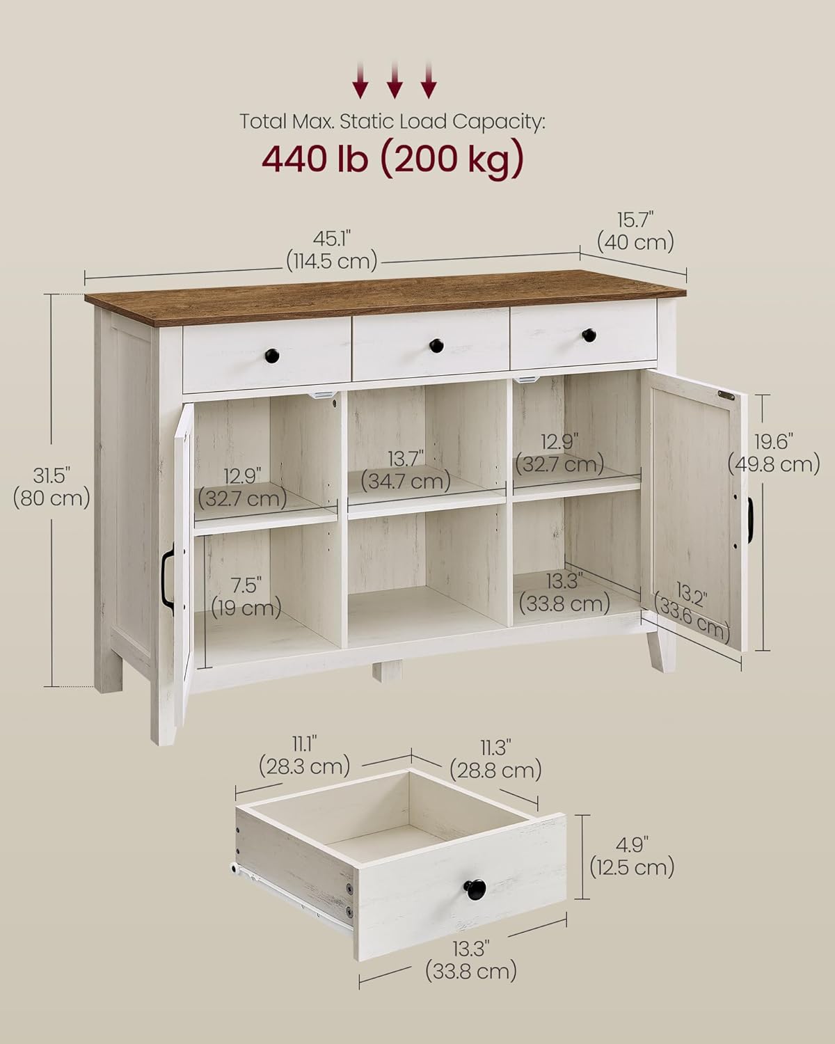 Farmhouse Buffet Cabinet with 3 Drawers & Adjustable Shelves – Coffee Bar Sideboard with Cable Management Rustic White & Honey Brown BBK371W01V1