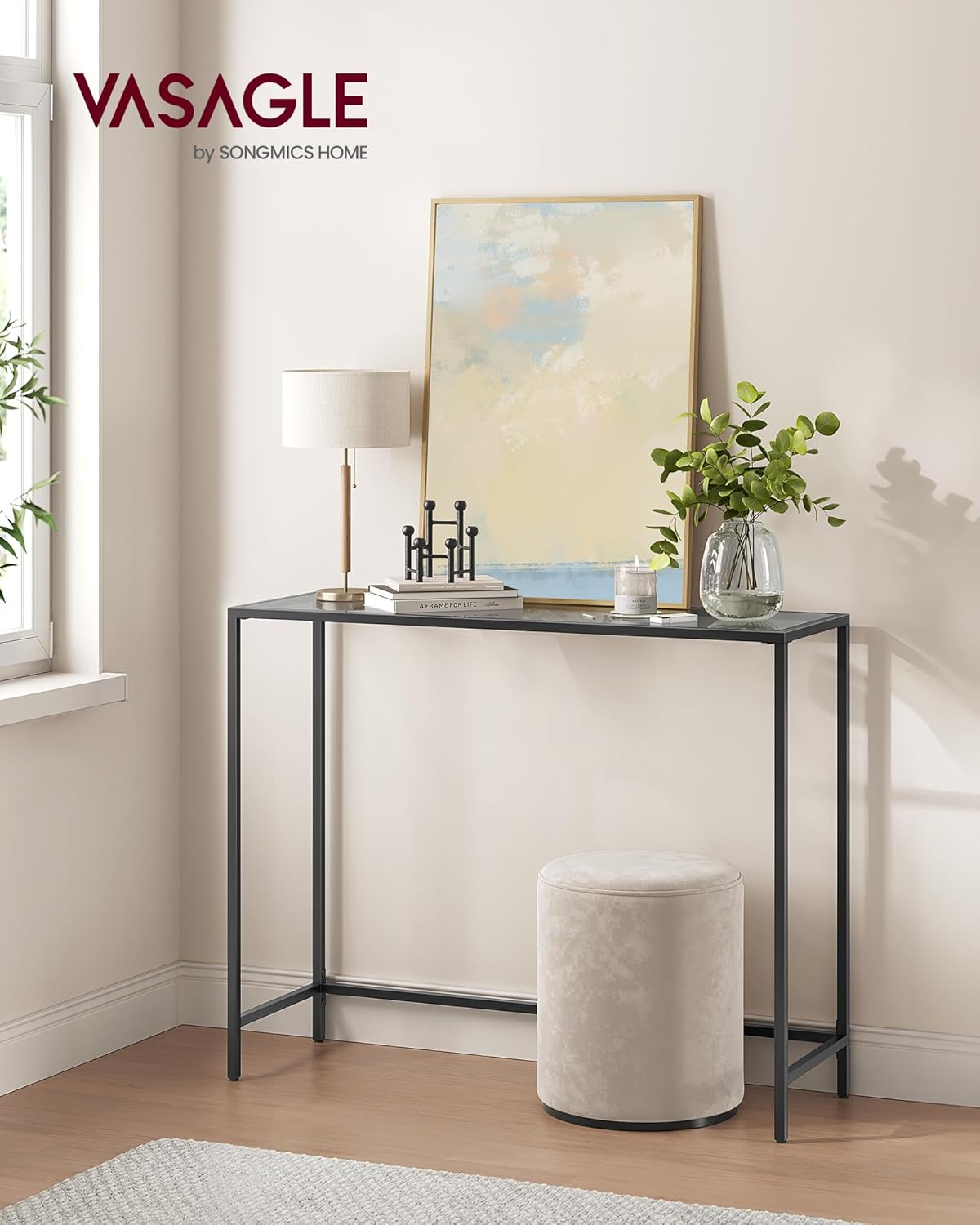 Narrow Console Table with Tempered Glass Top, Modern Sofa Table, Entryway Table for Hallway, Living Room and Foyer Ink Black and Slate Grey LGT132B01