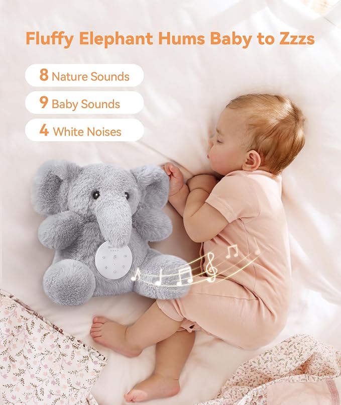 Dreamegg Baby White Noise Machine – Plush Elephant Sleep Soother with 21 Calming Sounds, Voice Recording, USB-C Rechargeable Battery & Washable Cover