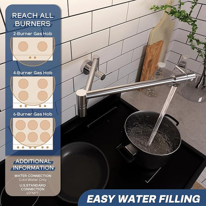VMASSTONE PM002 Wall-Mount Pot Filler Faucet – Chrome Polished Brass Folding Kitchen Faucet with Dual Swing Arms, 360° Rotation & 2 Handles